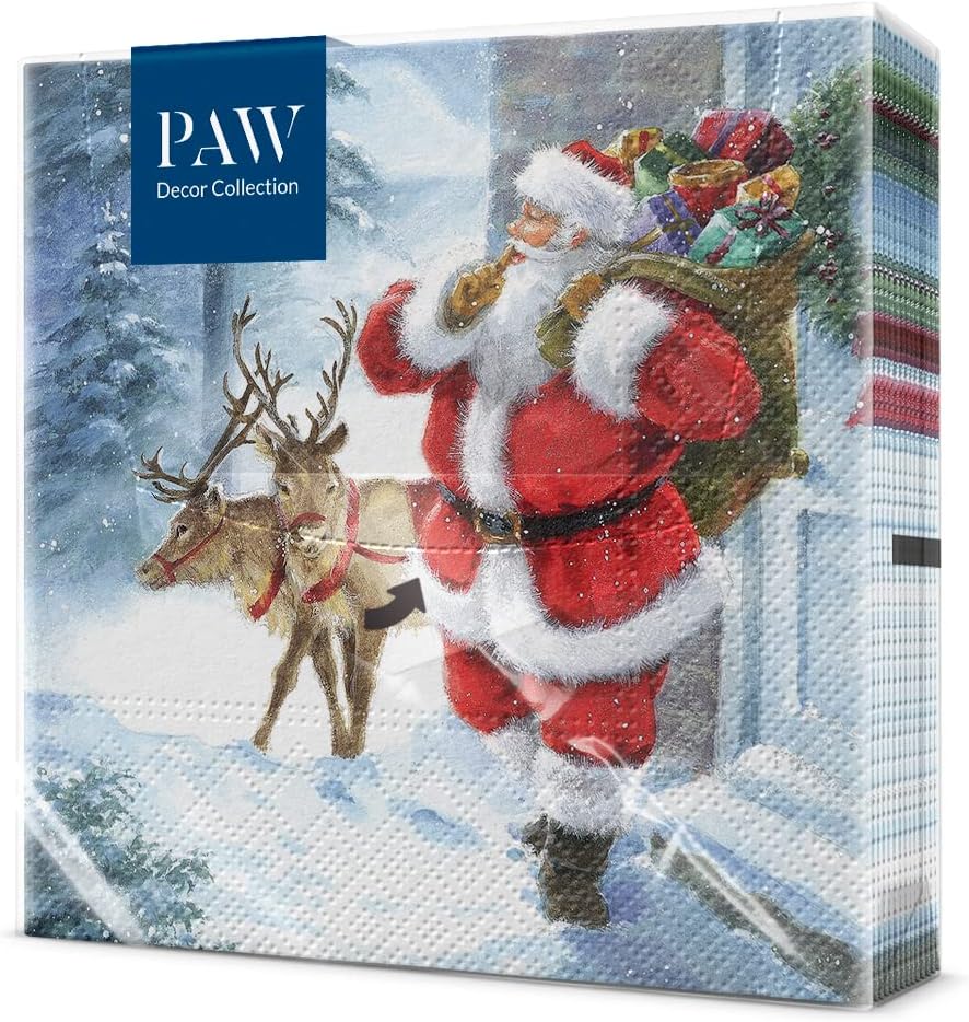 PAW - Servilletas Papel 3 Capas (33 x 33 cm) I 20 Unidades I Servilletas Navideñas I Diseño de Navidad, Invierno, Nieve y Papá Noel I Color: Santa is coming