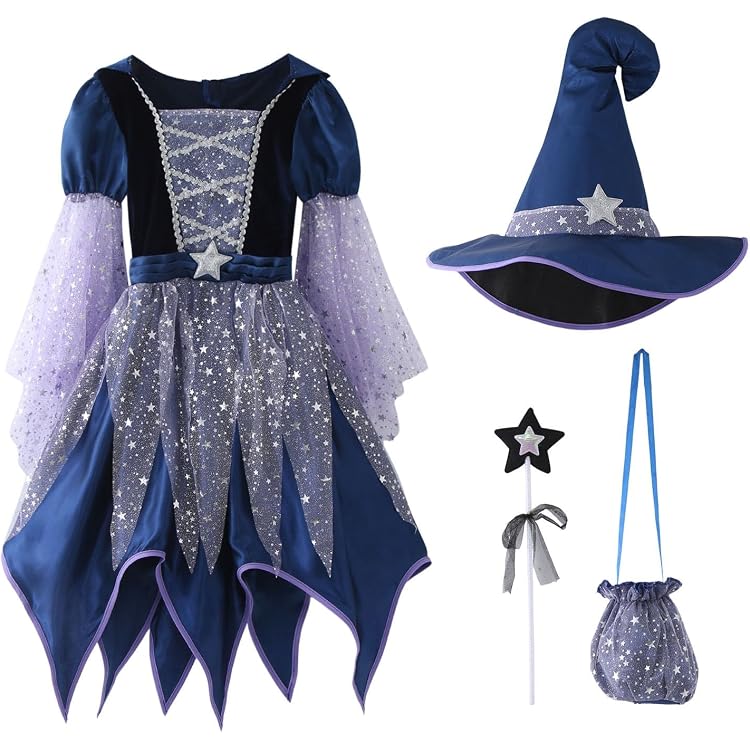 Costume De Sorcière Pour Enfant - Ensemble Complet Jupe + Chapeau + Sac - Halloween Fille Et Garçon 4 à 14 Ans
