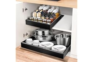 AirOpen Cassetto Estraibile Cucina, Larghezza Regolabile 32-52 cm, Cassetti Estraibili per cucina in Acciaio al Carbonio di alta Qualità, Organizer Cucina (Ferroso)