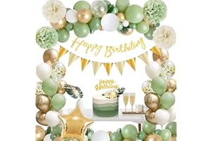 RAINLLON Geburtstagsdeko Grün Gold,Deko Geburtstag Grün Mädchen Junge, Dschungel Kindergeburtstag Deko Avocado Grüne Gold Luftballons, Happy Birthday Banner, Pompons für Männer Frauen Geburtstag Deko