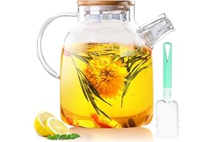 GAOUTO Szklany dzbanek do herbaty – szklany dzbanek do herbaty o pojemności 1,6 l ze szczotką do czyszczenia, dzbanek do herbaty z bambusową pokrywką, zestaw do herbaty ze szkła borokrzemowego