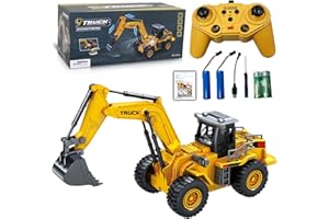 LioMaxi 9 Canale 1:16 quattro ruote escavatore telecomandato giocattolo,con luci e suono, pala in metallo,2.4G telecomando senza fili,Trattore Digger Giocattoli per bambini,per Regali Per Bambini