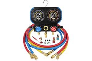 MR CARTOOL Kältemittelanzeige Kältemittel Nachfüllset Automotive AC Manometer Set 3-Wege Kältemittelanzeige AC Manometer mit Doppelskala, 3 Ventil, Verstellbare Kupplungen für R1234YF R134A R404A R12