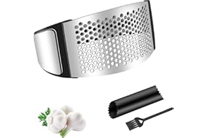 HONGTELLOR Garlic Press Stainless Steel 304 Food Grade Stainless Steel Ginger Crusher Ergonomics Labor Saving with Garlic Peeler and Cleaning Brush（Black/Silver）
