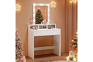 VASAGLE KAILYN Collezione - Toeletta, Luce LED Regolabile a 3 Colori, Tavolo da Trucco con Specchio, 2 Cassetti e 3 Scomparti, Postazione Trucco, Moderno, Bianco RDT114W01