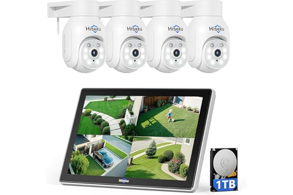 Hiseeu PTZ Kit Caméra de Surveillance WiFi avec 10" Moniteur, 10CH 5MP NVR 1TB HDD, 4X5MP PTZ Caméras,Vision Nocturne Couleur,Détection Humaine,Alarme Sonore Accès à Distance
