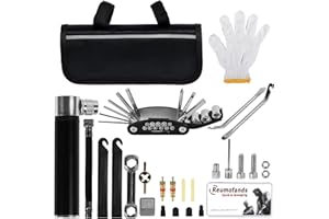 FUNNYTEK Juego de reparación de bicicletas 16 en 1, herramientas multifuncionales, kit de reparación de bicicleta con mini bomba para viajes, bolsa de sillín para bicicleta de montaña, kit de reparación de