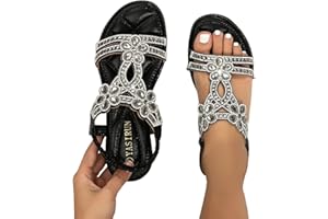 GENERIC Sandalen Damen Sommer Elegant Flache Strass Bohemia T-Riemen Frauen Sandalen Weichen Sohlen Sommerschuhe Glitzer Flip Flops Gummiband Slingback Sandalen Mädchen Strandschuhe