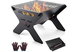 Odoland Camping Fire Pit, Portable Brasero Extérieur pour Camping, Barbecue à Foyer en Bois 2 en 1 avec Grille de Cuisson Amovible pour Barbecue en Plein Air, avec Sac de Transport