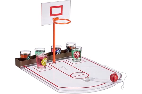 Relaxdays Jeu à Boire Basketball, Amusant, 6 Verres à Shots, Panier + Balle, activité, 22,5 x 24 x 44 cm, Transparent
