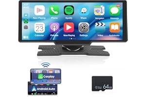 NHOPEEW Portable Apple Car Play Screen 10.3 inch IPS Carplay Screen Car Buddy Touchscreen Unit, Wireless Android Auto FM Transmission Bluetooth for 7V-32V Vehicles +64G TF Card