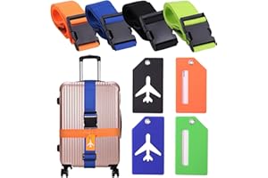 Vinabo 4pcs Sangles de Bagage Réglables avec Boucle, Ceinture Valise, étiquettes de Bagage avec étiquette Nominative et d'adresse pour Voyager en Toute sécurité en Avion Bagages Fixes