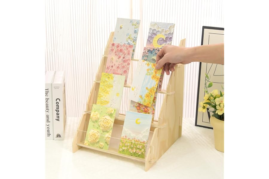 SSYYGET Greeting Card Display Stand, 4 Tier Postcard Display Stand, Portable Card Display Rack, Wooden Retail Display Holder, Magazine Organizer Rack (4 Tier - Acrylic&Wood)