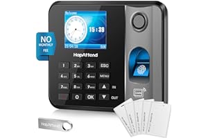 HapAttend Clocking in Machine - Fingerprint Clock in Machine for Employees Small Business Automatic Calculate Hours, Standalone Card Scanner Attendance Time Clock with 5 RFID Cards (0 Monthly Fees)