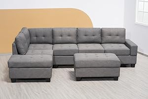 SOFAHEAVEN Western Grey/Black Fabric Corner Sofa suite With Drop Down Cup Holder And Ottoman for livingrooms -Cheap sofas & couches-3020 (Grey Fabric, Left Hand Side)