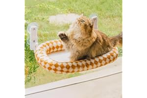 MEWOOFUN Duże Łóżko Hamakowe dla Kota Ze Zdejmowaną Grubą Pokrywą - Składane Łóżko z Oknem, Solidne, Opalające, 4 Mocne Przyssawki, Nośność 18 kg (Brązowe, M)