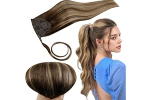 RUNATURE Ombre Ponytail Human Hair Extensions Brown Clip in Ponytail Hair Extensions Human Hair Brown Balayage Ponytail Extension Human Hair 12 Inch 70 Gram