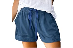 AEGJEGVD Women Linen Shorts Solid Cotton Elastic Waist Drawstring Shorts Casual 2024 Summer Beach Shorts with Pockets 5 Inch Loose Cute Vacation Trendy Lounge Clothes Comforty Shorts UK Clearance S-5XL