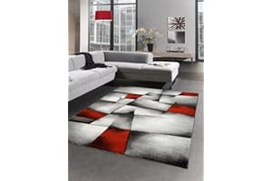 CARPETIA Nowoczesny dywan z krótkim włosiem, cięcie konturowe, karo, abstrakcyjny, szary, czarny, biały, czerwony, wymiary 80 x 150 cm