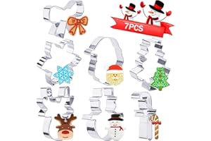 faburo 7PCS Formine per Biscotti Natale, 3D Formine Biscotti in Acciaio Inox, Formine per Pasticcini - Renna, Albero di Natale, Babbo Natale, Fiocco di Neve, Candy Cane, Papillon, Pupazzo di Neve