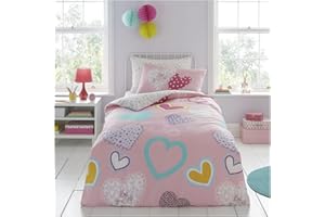 FAIRWAYUK Girls Bedding Set - Love Hearts Kids Single Duvet Cover Set with Matching Pillowcase, Ultra Soft Reversible Quilt Covers, Bedroom Accessories, Pink 137x200cm