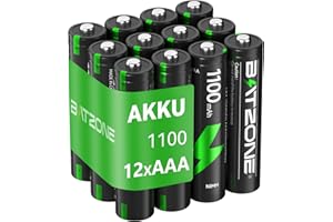 BATZONE 12 x AAA NI-MH Akkus, wiederaufladbare AAA Batterien, 1.2v Micro AAA Akku, 1100mAh hohe Kapazität, geringe Selbstentladung, mit Batterie Schutzbox