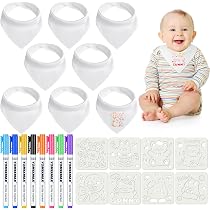 Juego De 16 Baberos Para Pintar + 12 Lápices Textiles + 16 Plantillas - Algodón 100%, Impermeable, Para Baby Shower