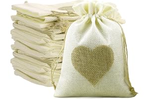 dogmoon Sacos de yute, 13 x 18 cm, bolsa de yute con cordón, corazones de lino, bolsas de arpillera, bolsas pequeñas de algodón para joyas, manualidades, bodas, fiestas, Navidad, 20 unidades
