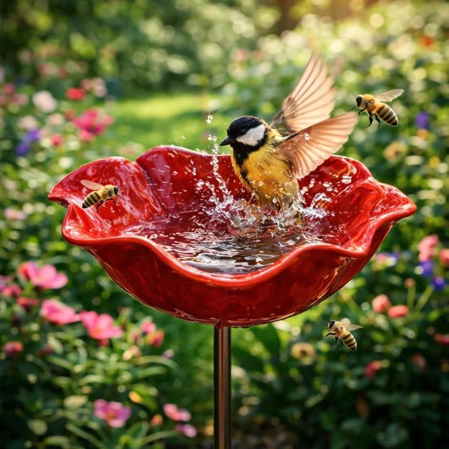 Handmade Metal Flower Garden Stakes with Bird Bath & Bee Water Bowl, 2026 New Handmade Decorative Outdoor Yard Art, Butterfly & Pollinator Watering Station, Weather-Resistant Garden Decor Gift (1pcs)