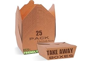 HURUC Takeaway Boxes, 337gsm Microwaveable Leak and Grease Resistant Disposable Fast Food Take out Containers, Snack Salad Lunch Boxes for Restaurant Household Event (Pack of 25 (13x11x6.5cm, 800ml))