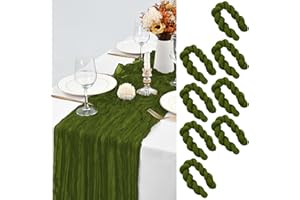 LYAFS 8 Pcs Olive Green Cheesecloth Table Runner 35"x120", 10FT Long Gauze Table Runner Boho for Wedding Reception Sheer Bridal Baby Shower Party Banquet Dining Rustic Table Decoration Tablecloth (90x300cm)