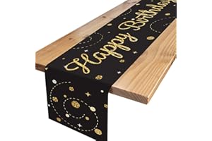 TNYKER Tischläufer Geburtstag Schwarz Gold, Tischdecke Geburtstag mit Konfetti, Happy Birthday Tischläufer zum Geburtstag, Tischdeko Geburtstag für Junge Mädchen Party Geburtstagsdeko, 180 x 35 cm