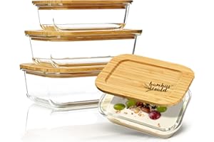 bambuswald© Set di Barattoli per Conserve in Vetro con Coperchio Ermetico, Ermetici e Impilabili, Forma Per il Forno, Portapranzo, Contenitore per Affettati, 4 Pezzi, 370ml 640ml 1040ml 1520ml
