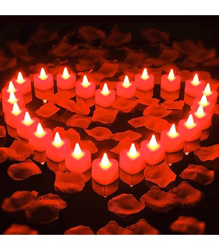 Romantic Night Decor Bundle: 1000 Silk Rose Petals + 12 LED Candles For Wedding, Anniversary, Proposal