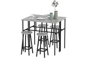 ‎HOMCOM HOMCOM 6-teilig Essgruppe 2 Bistrotisch mit 4 Stühlen Hocker Bartisch Set Esszimmergruppe Sitzgruppe im Industrial Design Barhocker-Set für Wohnzimmer Esszimmer Spanholz Stahl Grau+Schwarz