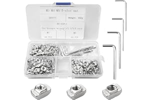 KIGNIOTE 180 Pezzi Dadi a T M3 M4 M5 in Acciaio al Carbonio Nichelato, Kit per Profilo in Alluminio Serie 2020, Kit di Dadi per Estrusore, Testa Martello per Stampante, 3D con 4 Chiavi a Brugola