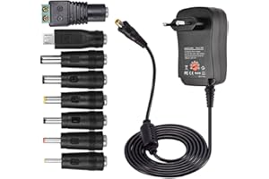 HELPERS LAB Chargeur Universel 30W Adaptateur Secteur Universel AC à DC 3V 4.5V 5V 6V 7.5V 9V 12V 1A 2A Transformateur d'alimentation à Découpage avec 8 Connecteurs DC pour électroniques Ménagers, 2000mA Max
