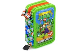 Clondo Piórnik z 3 przegródkami, 45 sztuk, dla fanów Minecrafta, 2 wymazywalne długopisy żelowe, klej, nożyczki, kredki 4.0, 3 zamki błyskawiczne, dla dzieci, do szkoły i na prezent, niebieski i