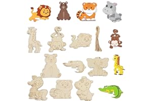HERZONE Set Fai Da Te 45 Pezzi Animali in Legno - Figure per Dipingere, Artigianato, Stampi e Fette
