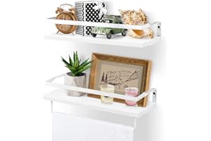 ANICOLL Pwer Edpw Wandregal schwebend Holz Wandmontierte schwebende Regale mit Handtuchhalter Rustikale Aufbewahrungsregale Ideal für Wohnzimmer Schlafzimmer Flur Badezimmer 2 Stücke (Weiß)