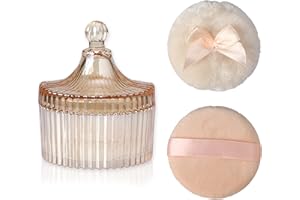 SUMTree Glass Body Powder Puffs and Container, Dusting Powder Container with 2 Puffs Washable and Reusable for Women, Empty Talcum Box Container for Baby, Small, Amber