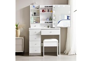 TOPHEHAN Modern Dressing Table with LED Lights, Makeup Vanity Table with Adjustable Brightness Mirror, 5 Drawers and Open shelves for Bedroom (Modern T39)