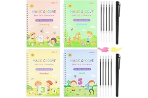 ZITUZY 4 cuadernos mágicos para niños, con 2 bolígrafos mágicos, 10 recargas, 2 ayudas de escritura, reutilizables, caligrafía, números y letras
