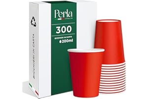 PERLA ITALIA Perla - 300 Bicchieri in Carta da 200ml Ecologici Biodegradabili Monouso - Adatto per Bevande Fredde e Calde - Prodotto e confezionato in Italia - Made in Italy (Rosso)