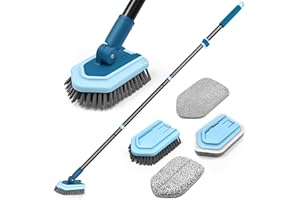 JEHONN Brosse de Nettoyage 4 en 1 avec Long Manche, Brosse à Récurer de Douche, 4 Différentes Brush pour Salle de Bain, Baignoire, Sol, Mur, Plinthe (Bleu)