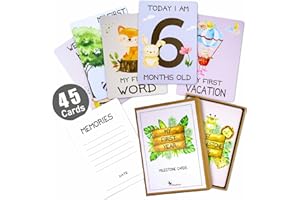 Pikaflor 45 milestone baby cards for boys and girls (cute animals english) milestone cards set + giftbox + nice gift for birthday, christening & babyshower