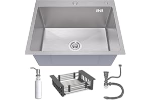 ANW HOME Lavello da cucina 60x50 cm con sifone, scolapiatti e dispenser di sapone da 350 ml, lavello da cucina in acciaio inossidabile 304 con 2 fori per rubinetto, lavello a montaggio a una vasca