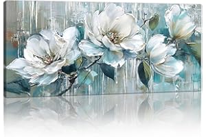 FajerminArt Large Framed Canvas Wall Art, Blue White Peony Flowers Wall Canvas Vintage Floral Pictures Painting on Print Canvas Poster Decor for Living Room Bedroom Ready To Hang 120cmx50cm