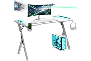 NK Mesa Escritorio Gaming con LED (120x60cm) - Portavasos y Botellas, Soporte Auriculares/Cascos, Gestión de Cables, Gaming Desk, Tabla 1.5cm (Resistencia) Peso Máximo 100kg (Blanco)