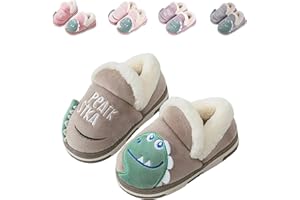 DRECAGE Boys Girls Winter Slippers Toddler Dinosaur Slippers for Kids Warm Plush Anti-Slip House Shoes